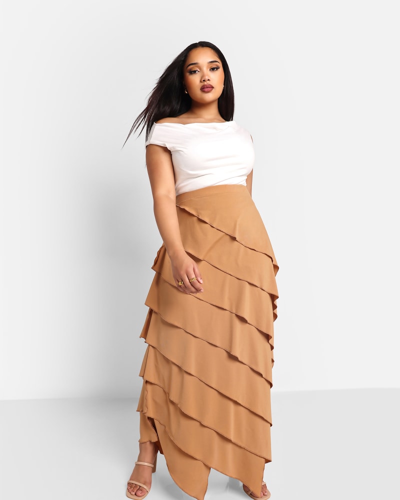 Front of a model wearing a size Large Rebdolls Women's Amanda Ruffle Maxi Bodycon Skirt in Brown by Rebdolls. | dia_product_style_image_id:327789